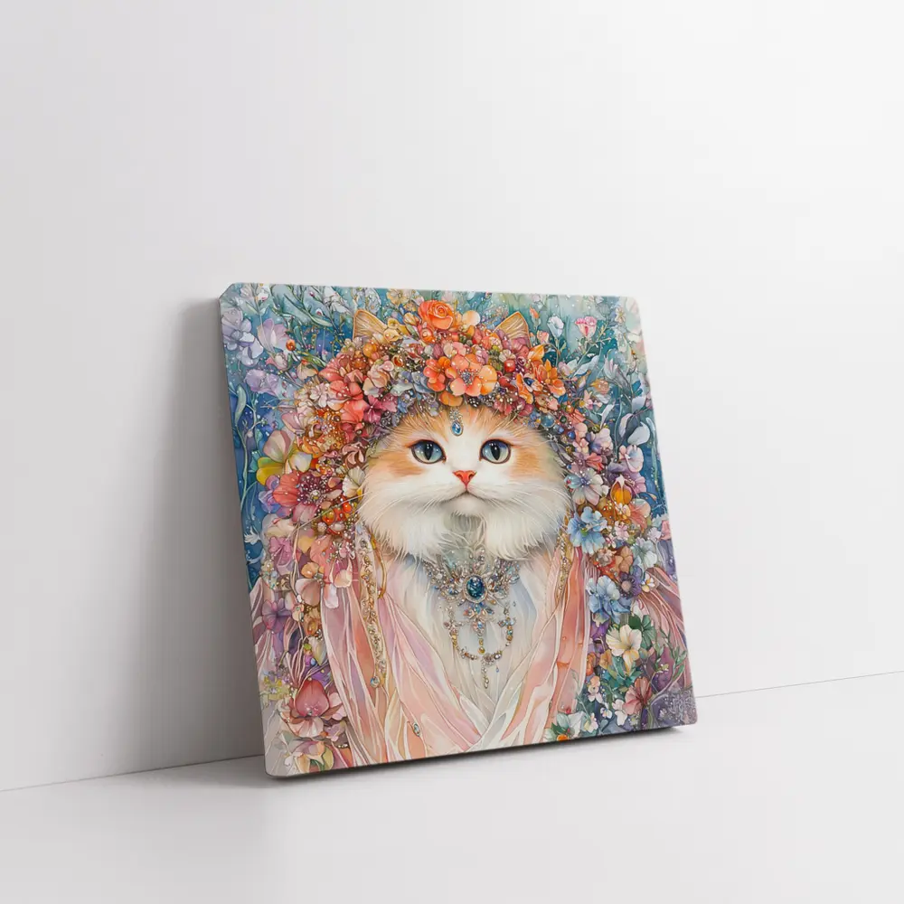 White Cat Floral Crown Watercolor Art – Wall Art