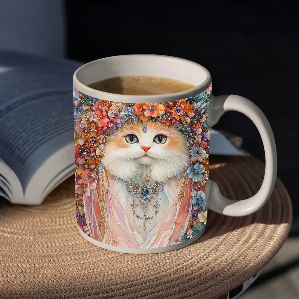 White Cat Floral Crown Watercolor Art – Mugs