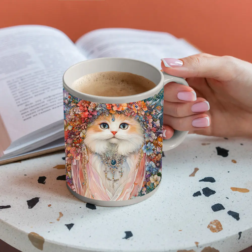 White Cat Floral Crown Watercolor Art – Mugs