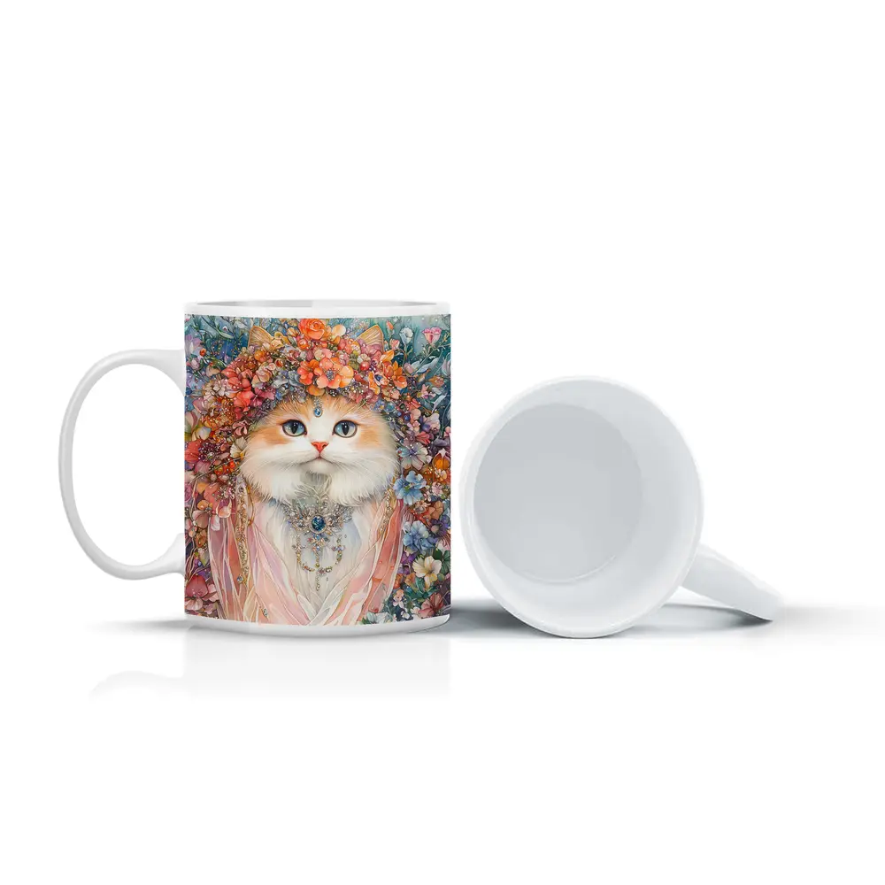 White Cat Floral Crown Watercolor Art – Mugs