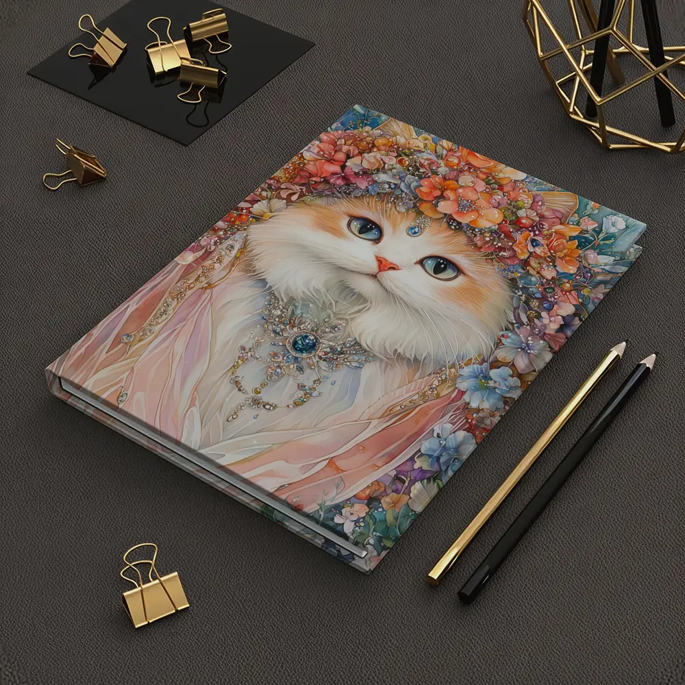 White Cat Floral Crown Watercolor Art – Notebooks