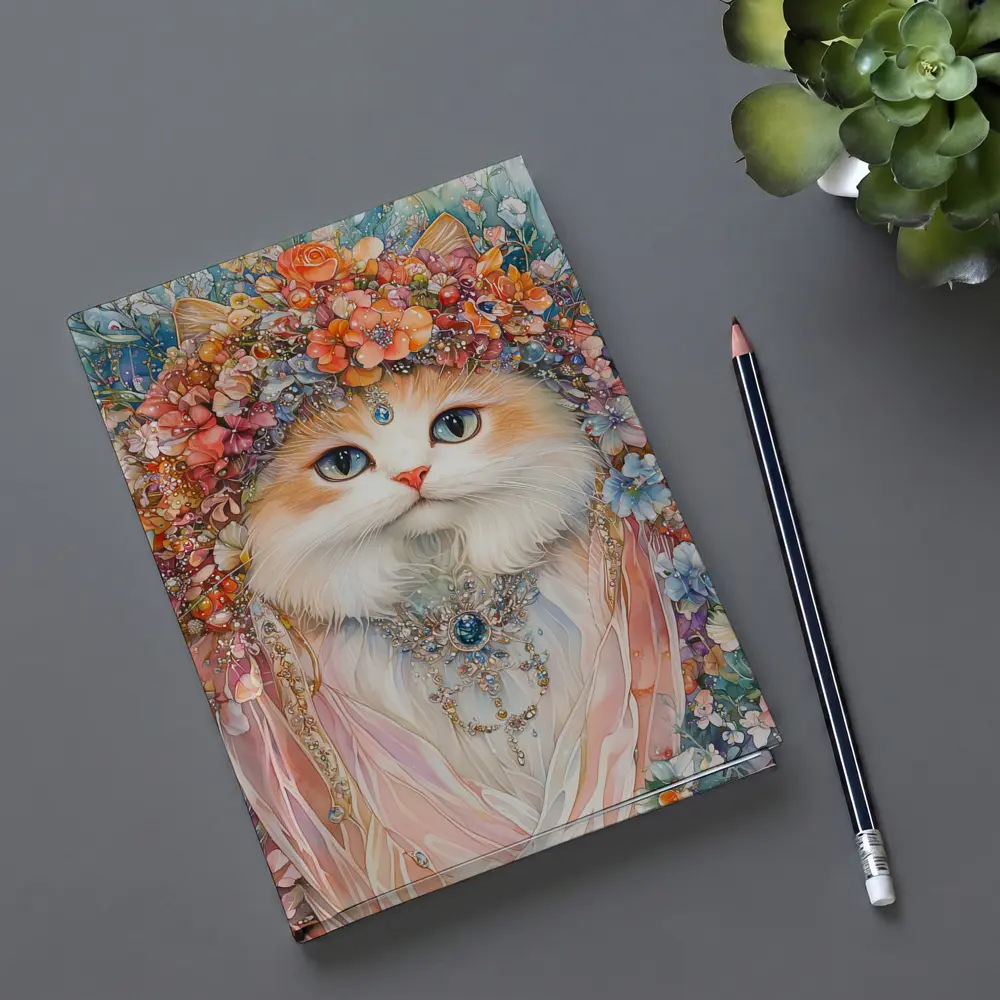 White Cat Floral Crown Watercolor Art – Notebooks