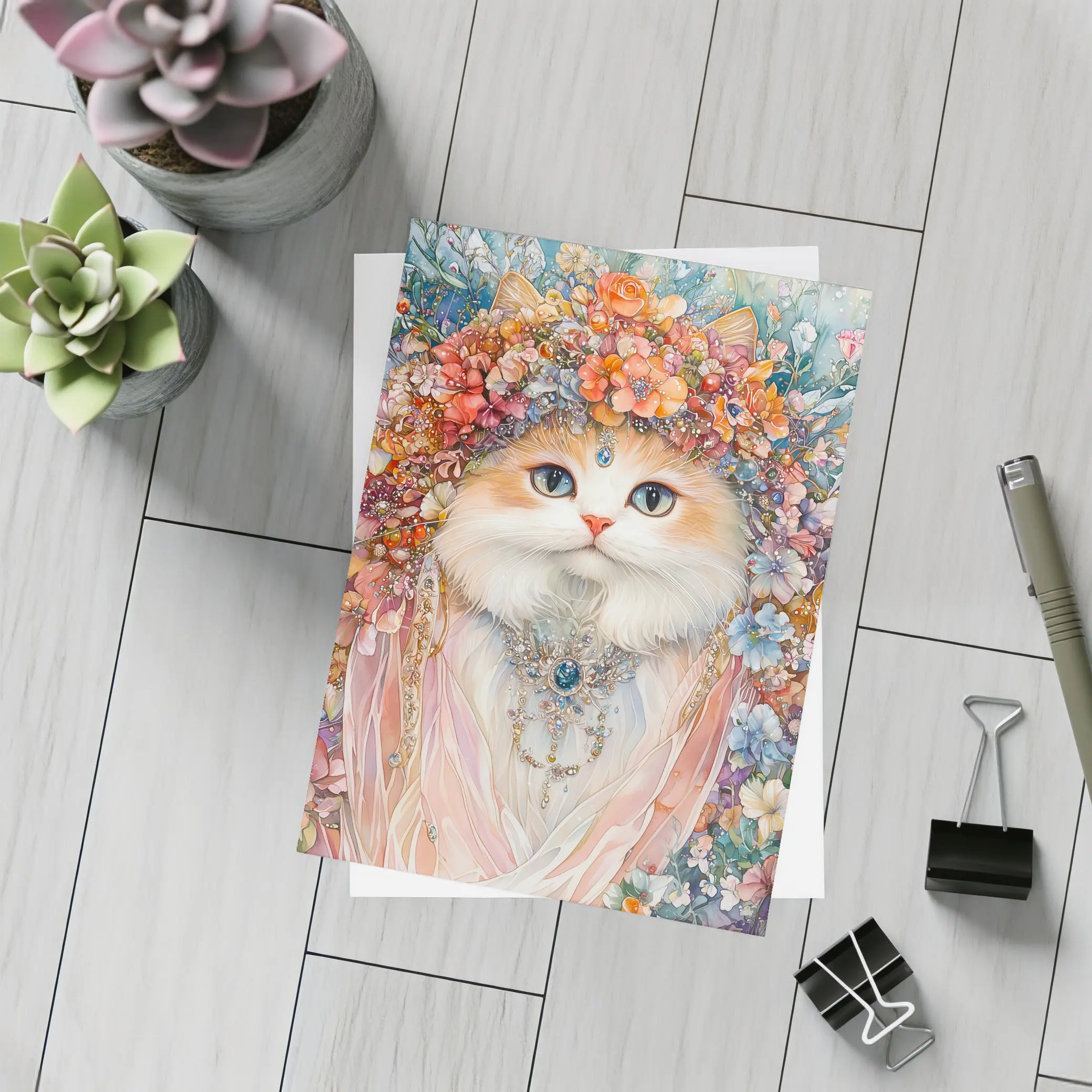White Cat Floral Crown Watercolor Art – Postcards