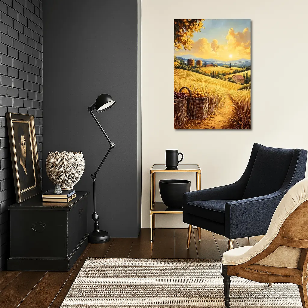 Golden Wheat Fields Tuscany Harvest Sunset Painting – Wall Art