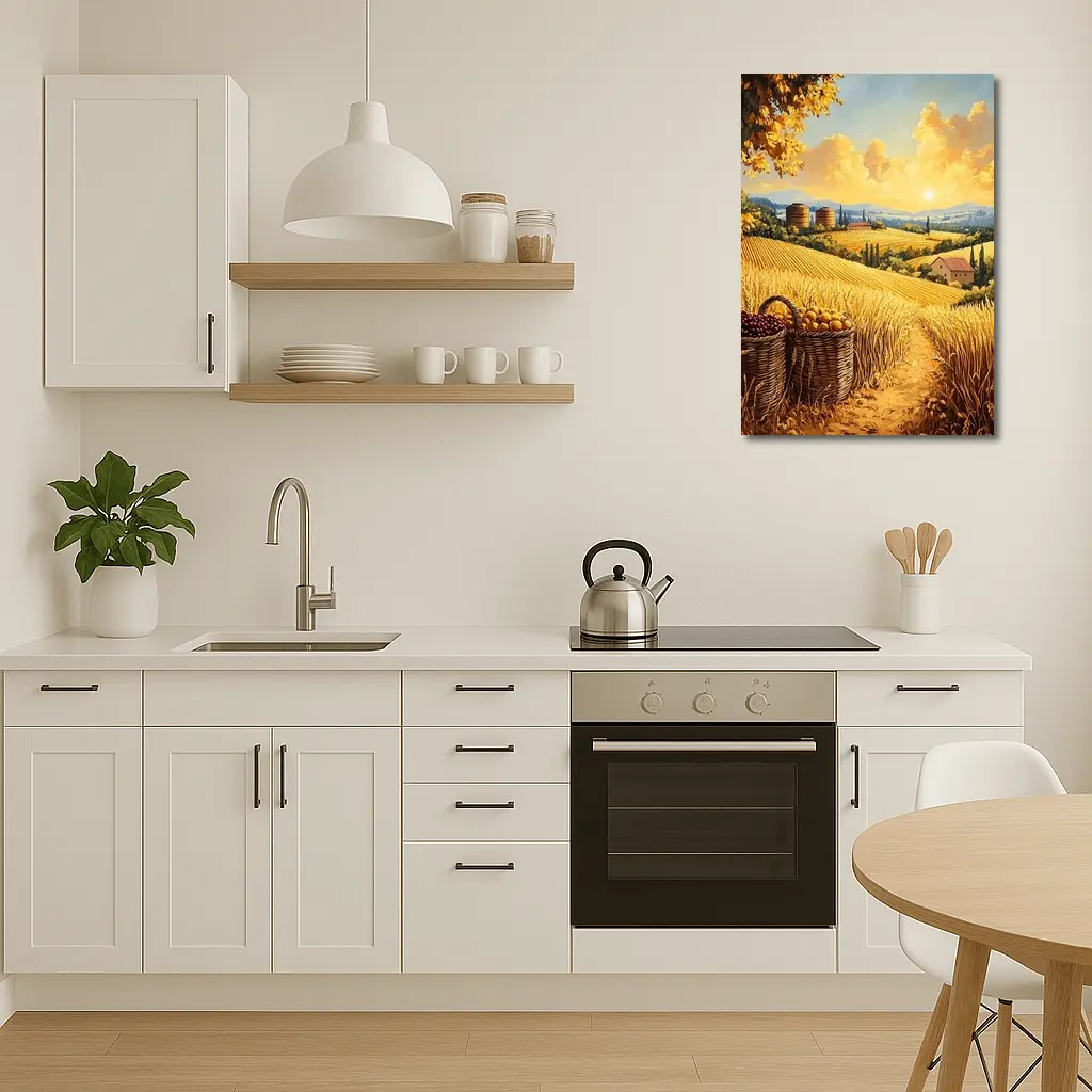 Golden Wheat Fields Tuscany Harvest Sunset Painting – Wall Art