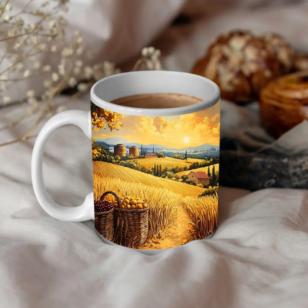 Golden Wheat Fields Tuscany Harvest Sunset Painting – Mugs