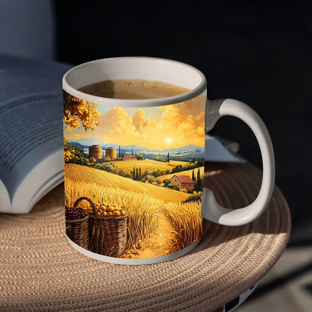 Golden Wheat Fields Tuscany Harvest Sunset Painting – Mugs