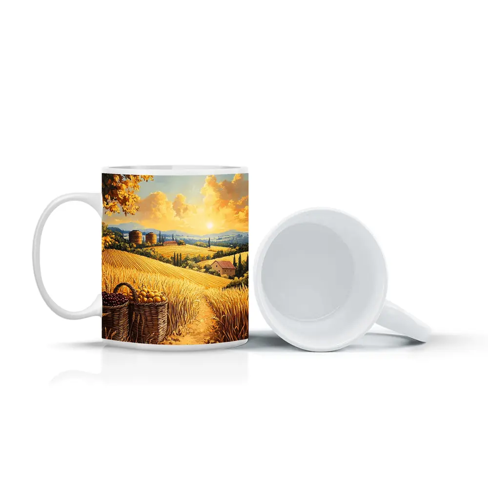 Golden Wheat Fields Tuscany Harvest Sunset Painting – Mugs