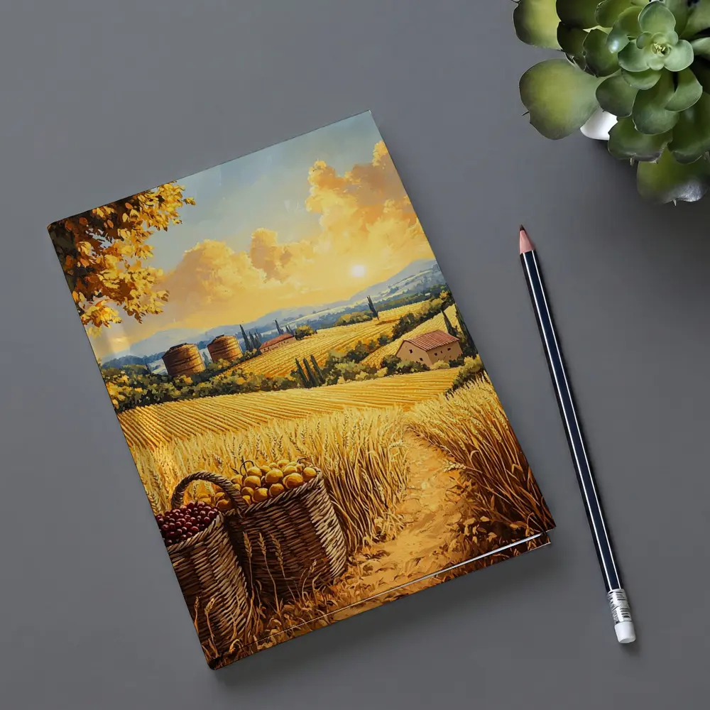 Golden Wheat Fields Tuscany Harvest Sunset Painting – Notebooks