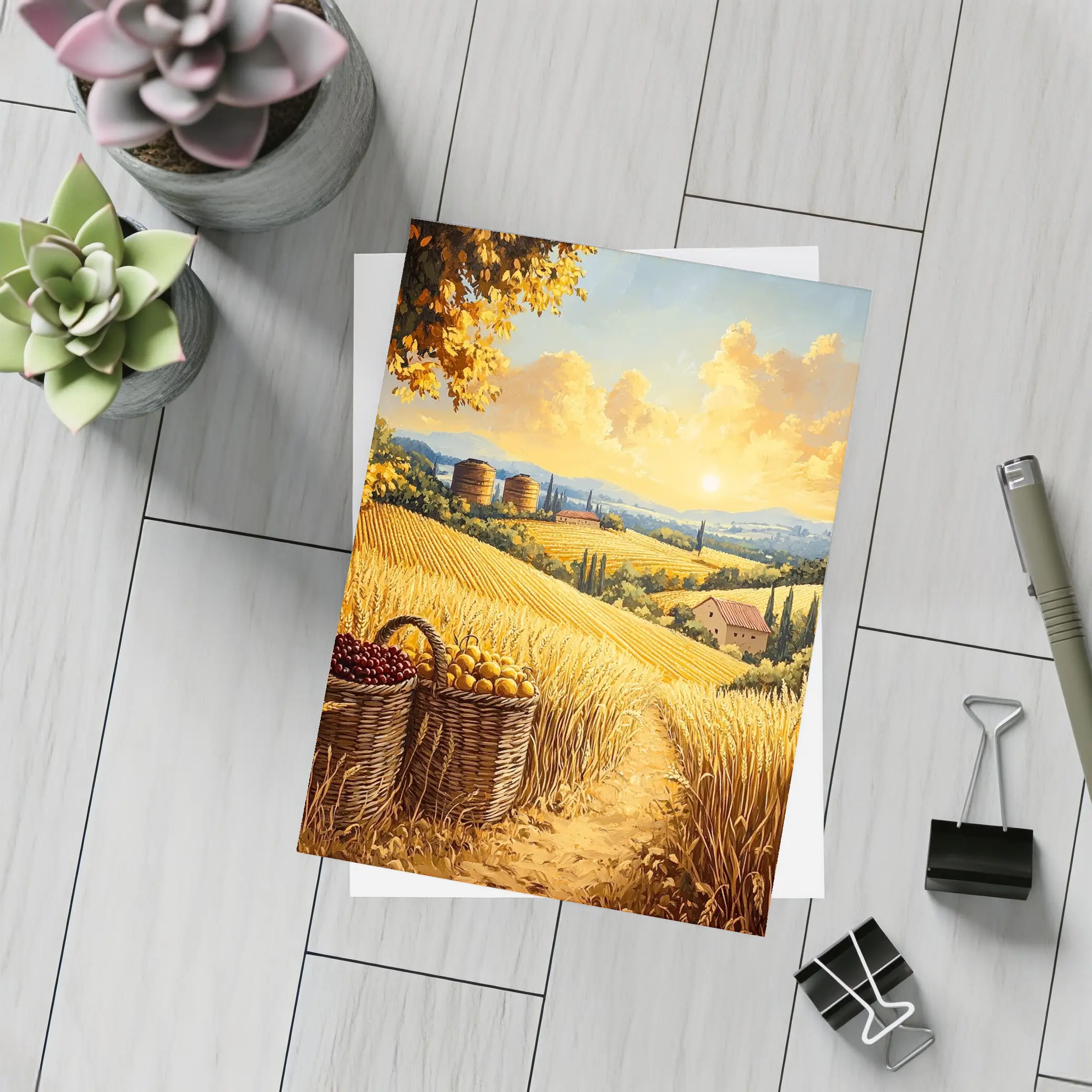 Golden Wheat Fields Tuscany Harvest Sunset Painting – Postcards