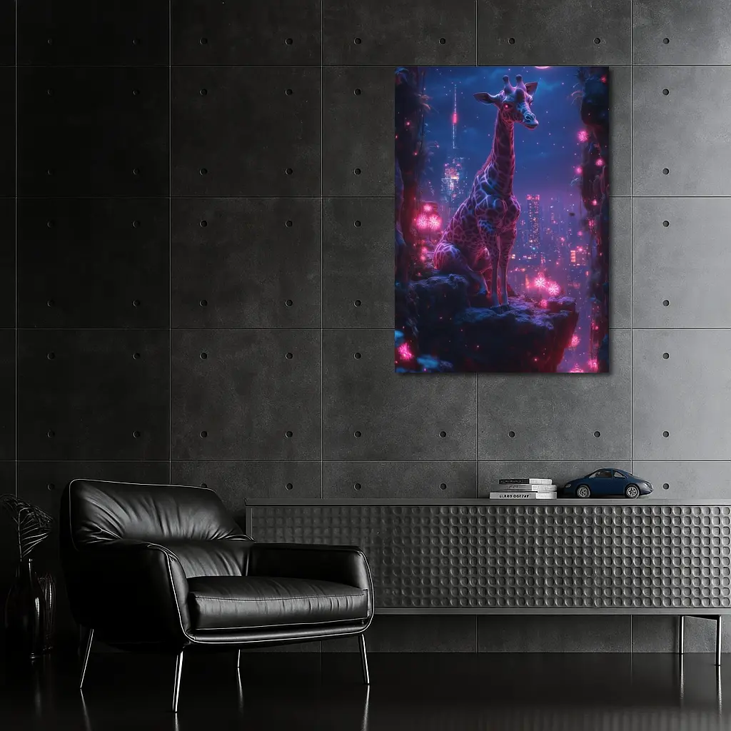Neon Giraffe Sitting Above Cyberpunk City Night – Wall Art
