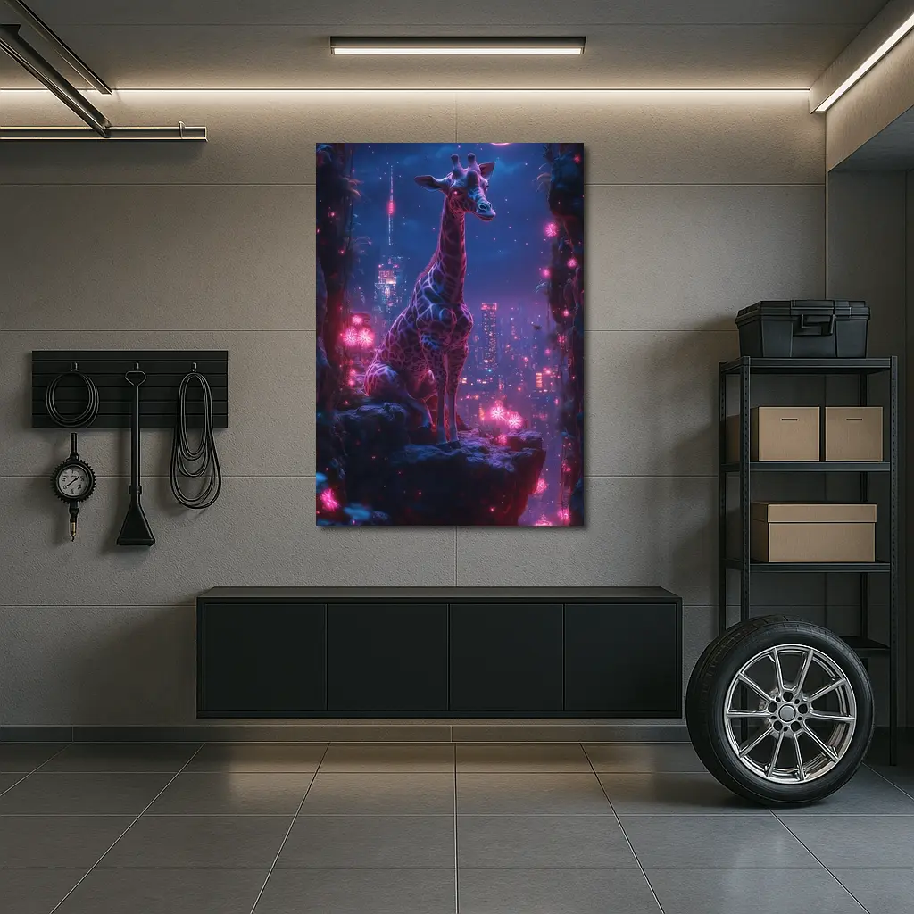 Neon Giraffe Sitting Above Cyberpunk City Night – Wall Art