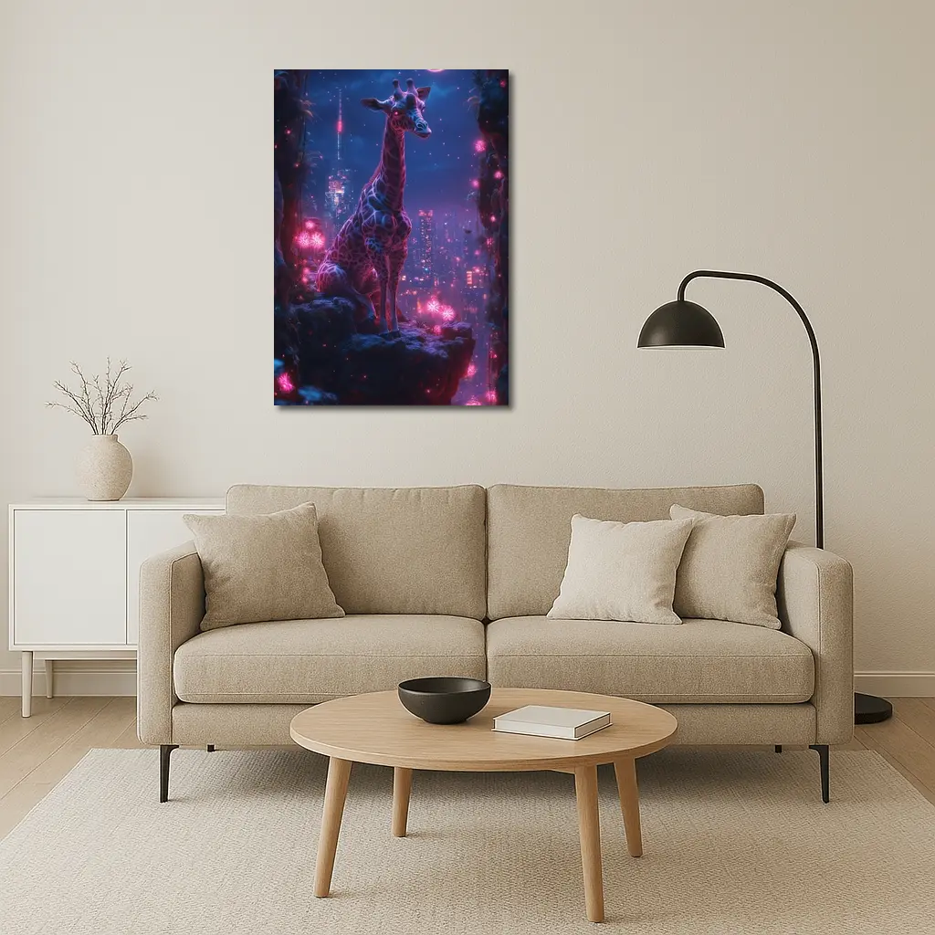Neon Giraffe Sitting Above Cyberpunk City Night – Wall Art