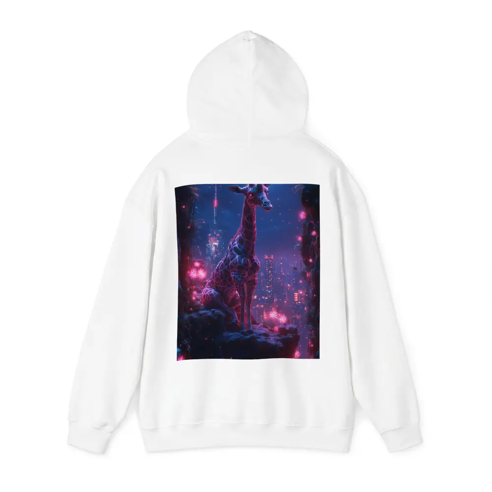 Neon Giraffe Sitting Above Cyberpunk City Night – Hoodies