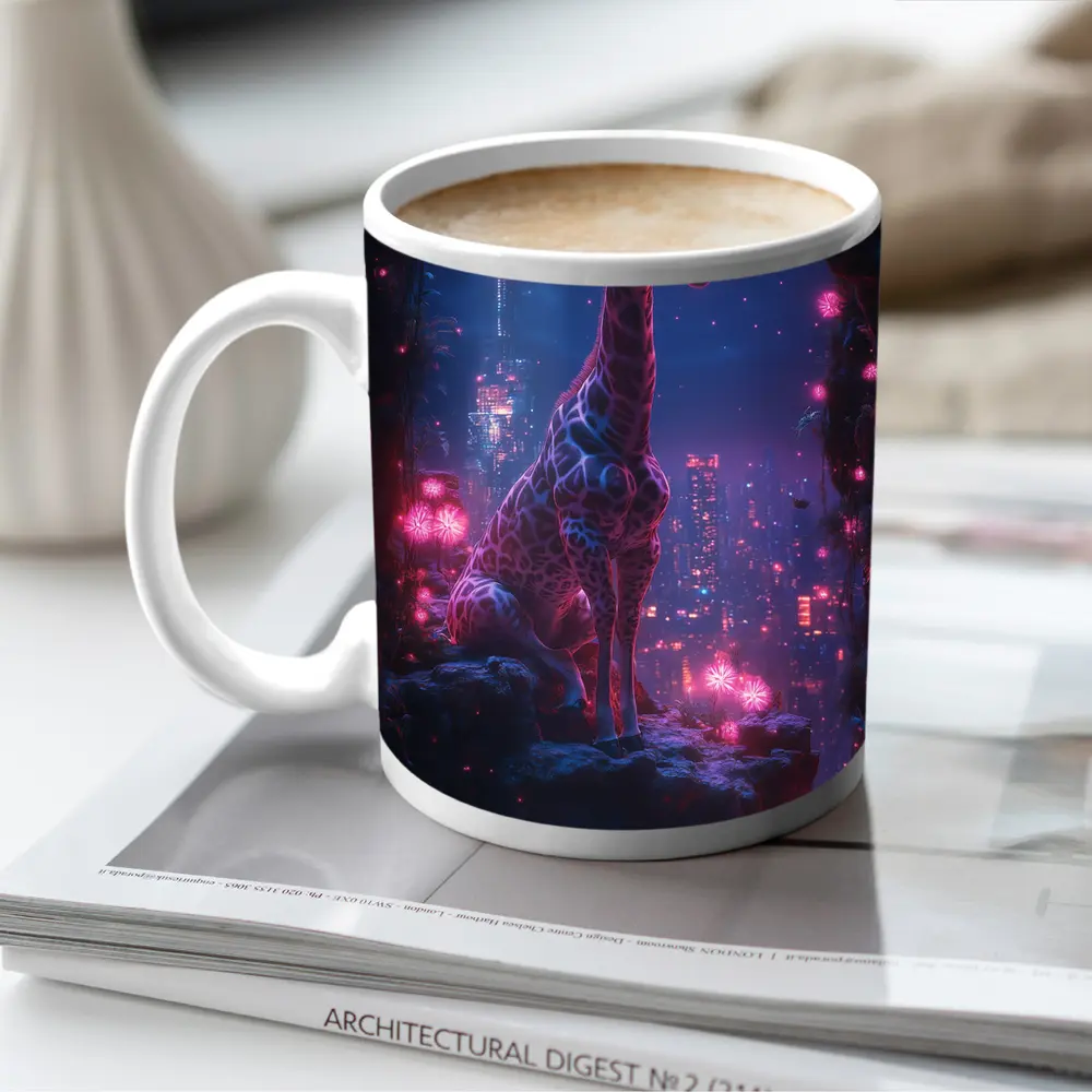 Neon Giraffe Sitting Above Cyberpunk City Night – Mugs
