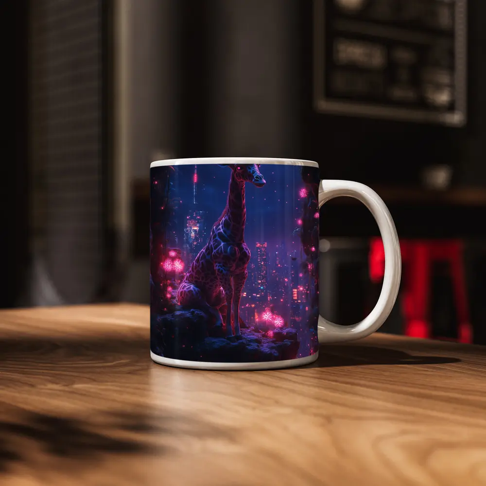 Neon Giraffe Sitting Above Cyberpunk City Night – Mugs