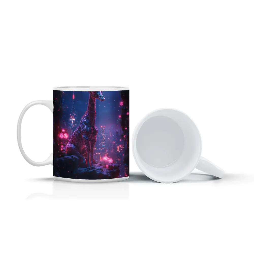 Neon Giraffe Sitting Above Cyberpunk City Night – Mugs