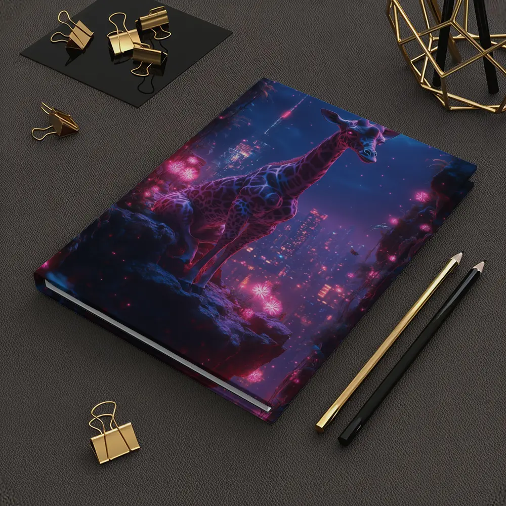 Neon Giraffe Sitting Above Cyberpunk City Night – Notebooks