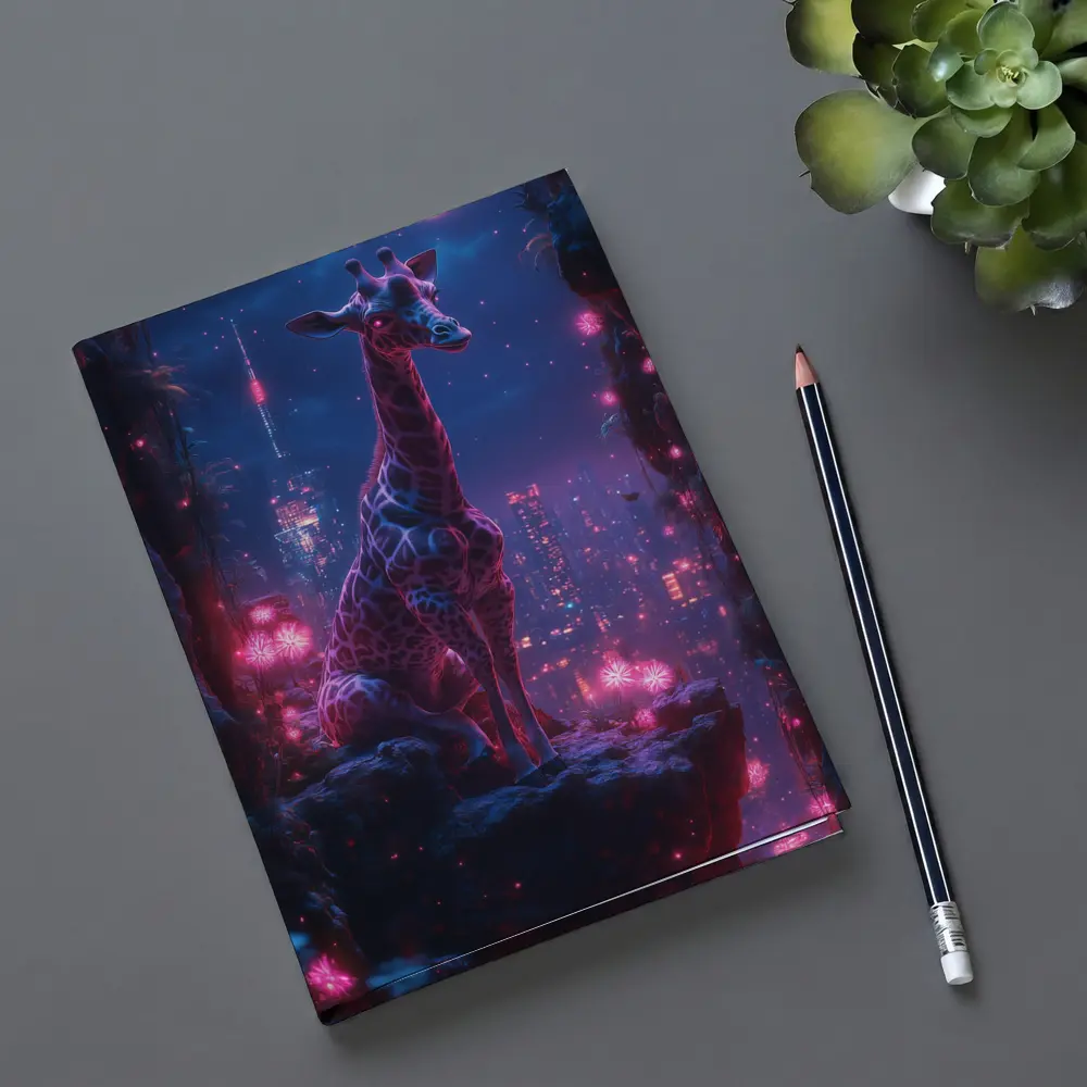 Neon Giraffe Sitting Above Cyberpunk City Night – Notebooks