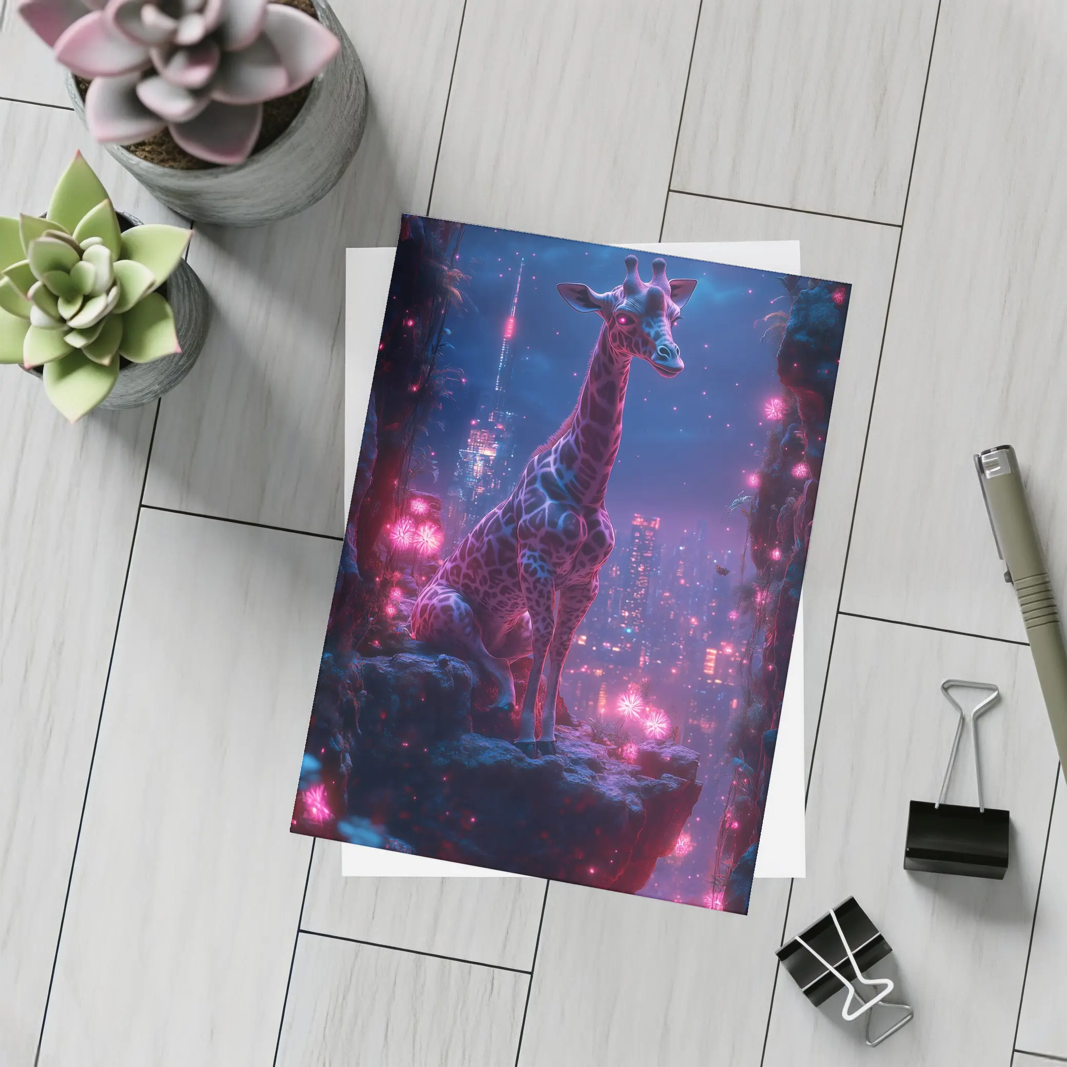 Neon Giraffe Sitting Above Cyberpunk City Night – Postcards