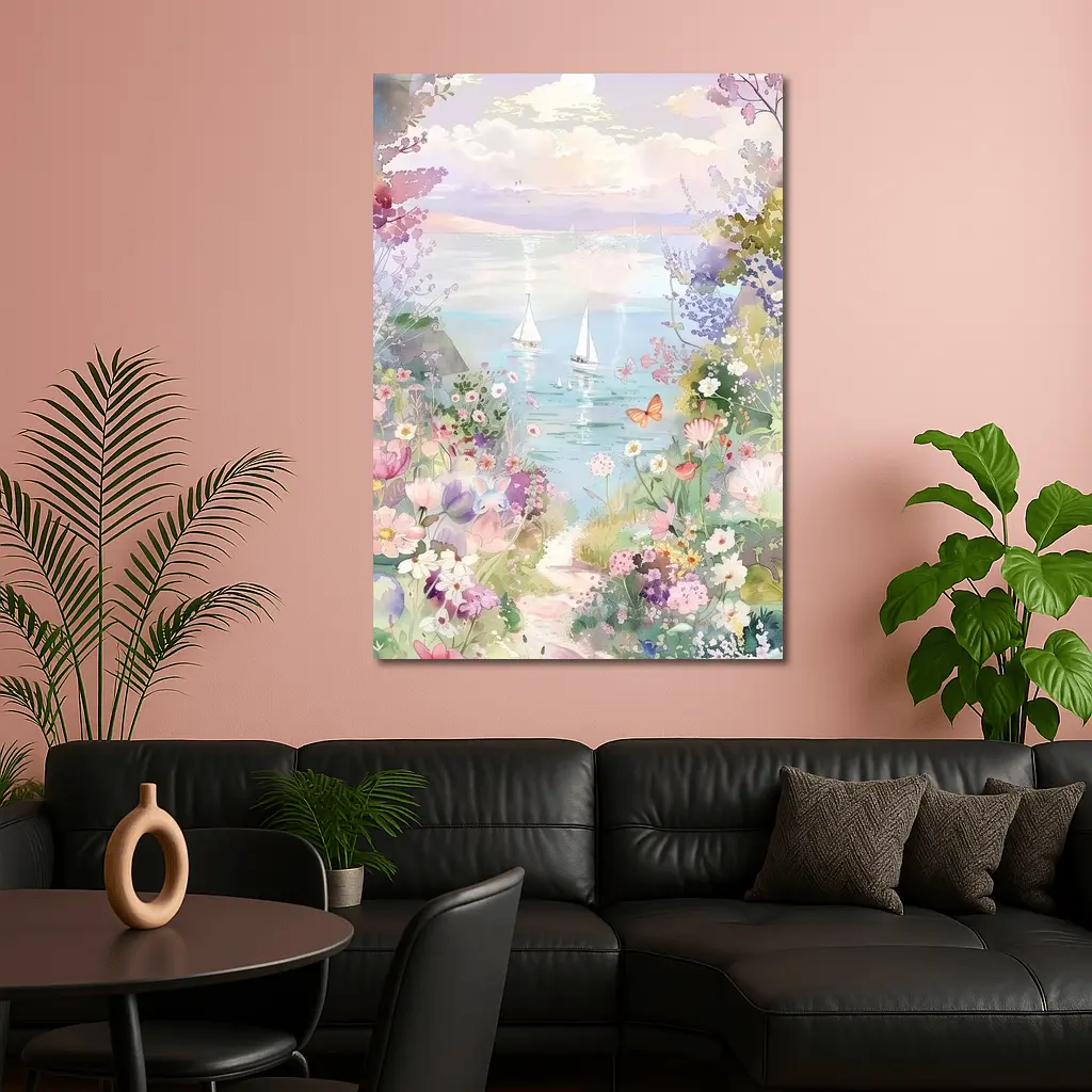 Watercolor Coastal Garden Sailboats Floral Scene – Wall Art