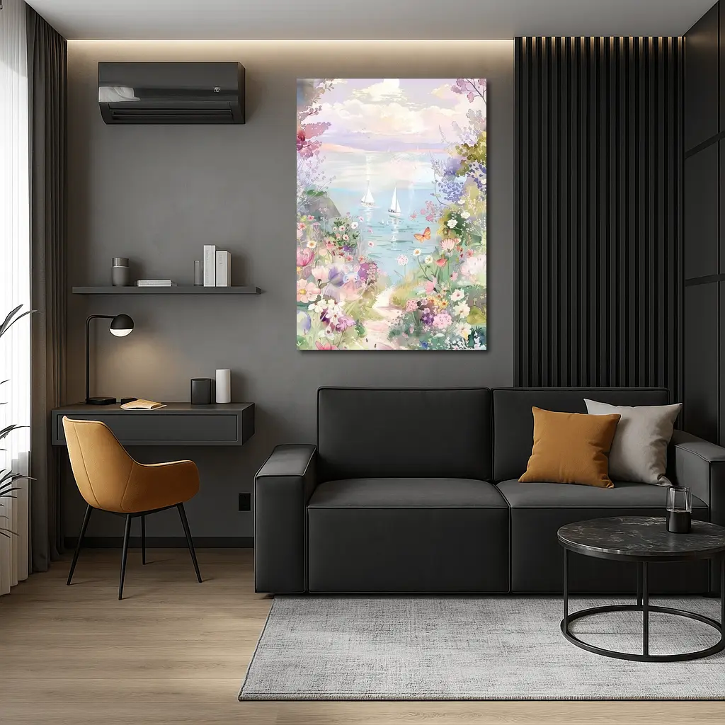 Watercolor Coastal Garden Sailboats Floral Scene – Wall Art