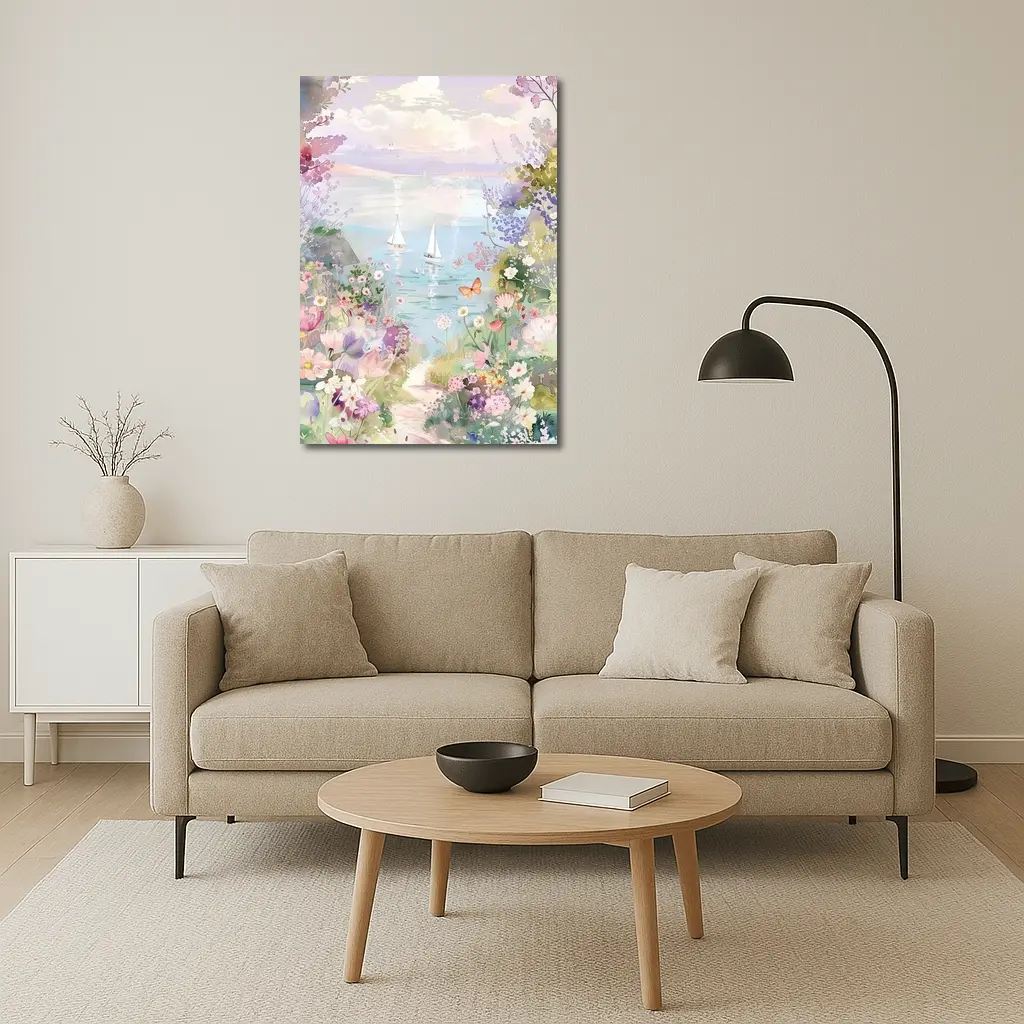 Watercolor Coastal Garden Sailboats Floral Scene – Wall Art
