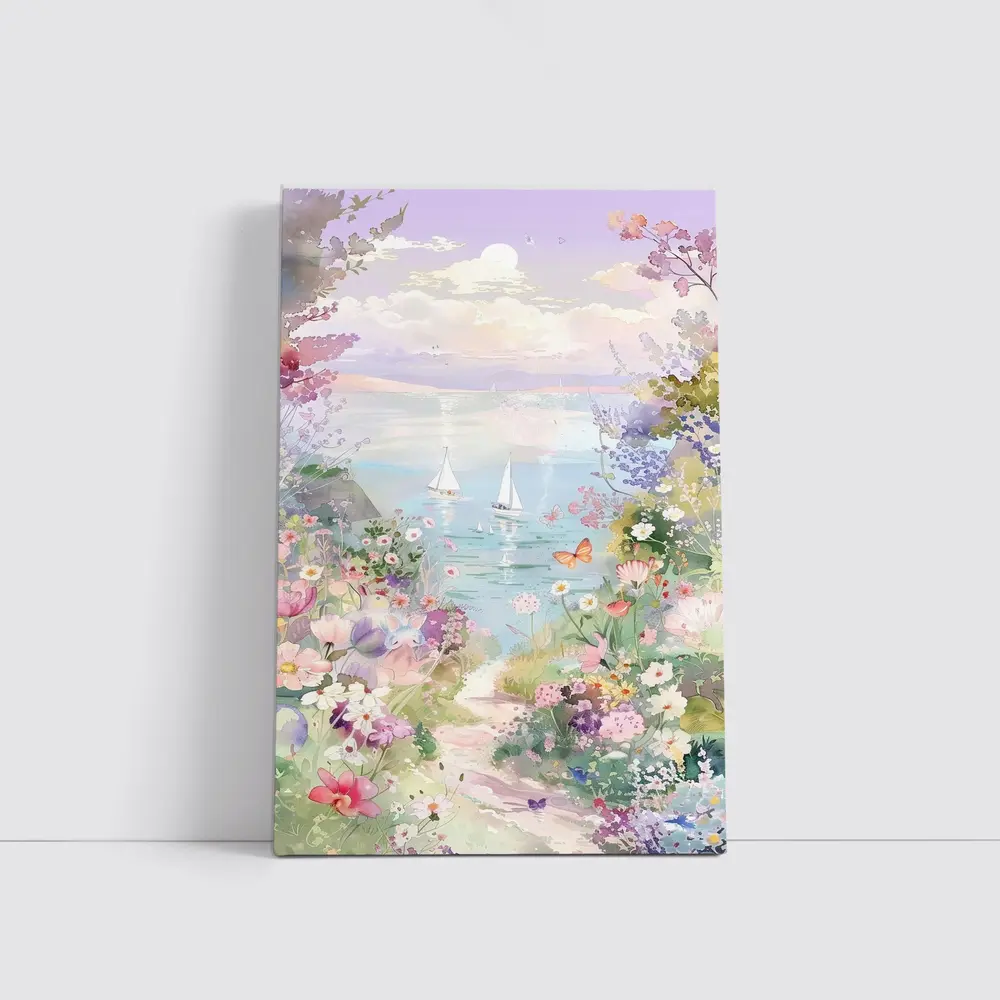 Watercolor Coastal Garden Sailboats Floral Scene – Wall Art