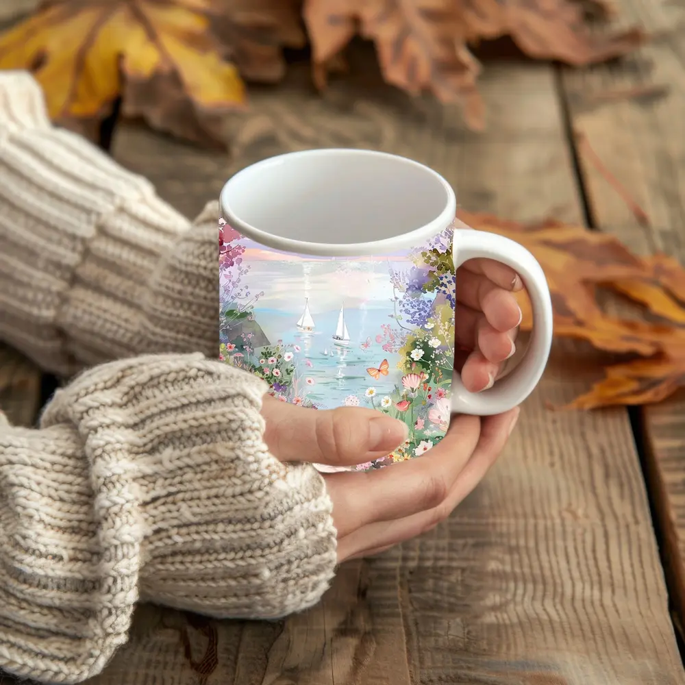 Watercolor Coastal Garden Sailboats Floral Scene – Mugs