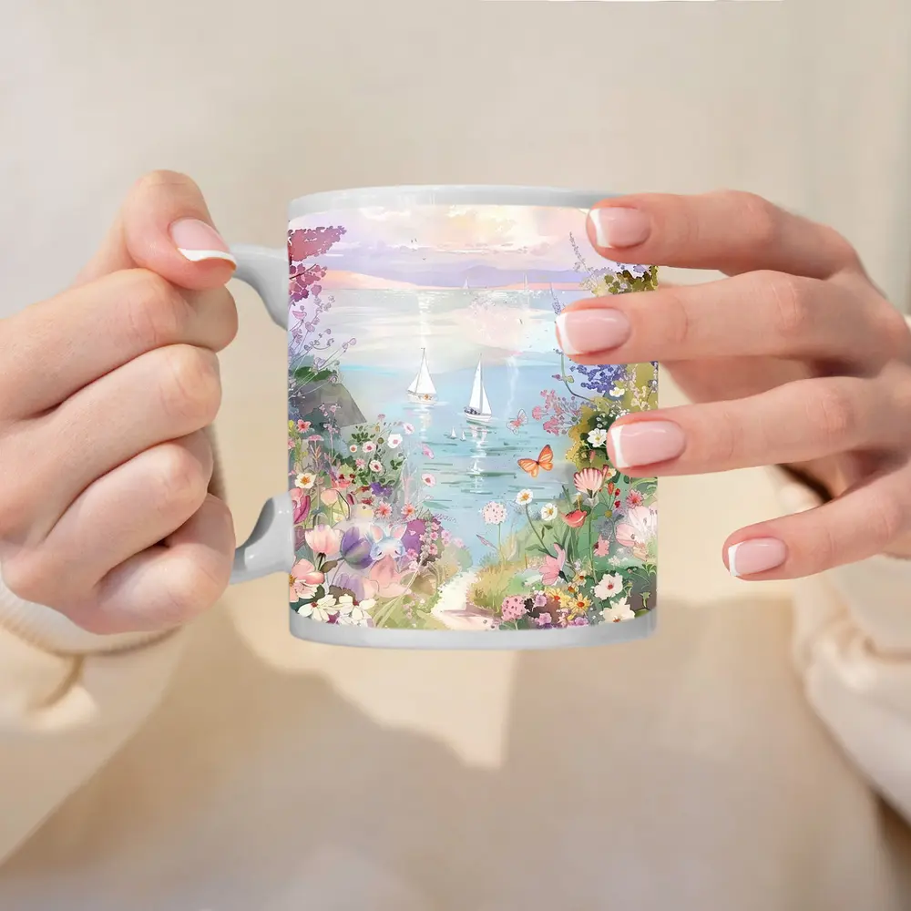 Watercolor Coastal Garden Sailboats Floral Scene – Mugs