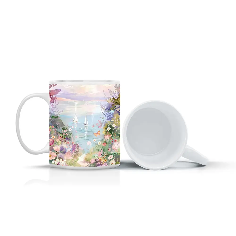 Watercolor Coastal Garden Sailboats Floral Scene – Mugs
