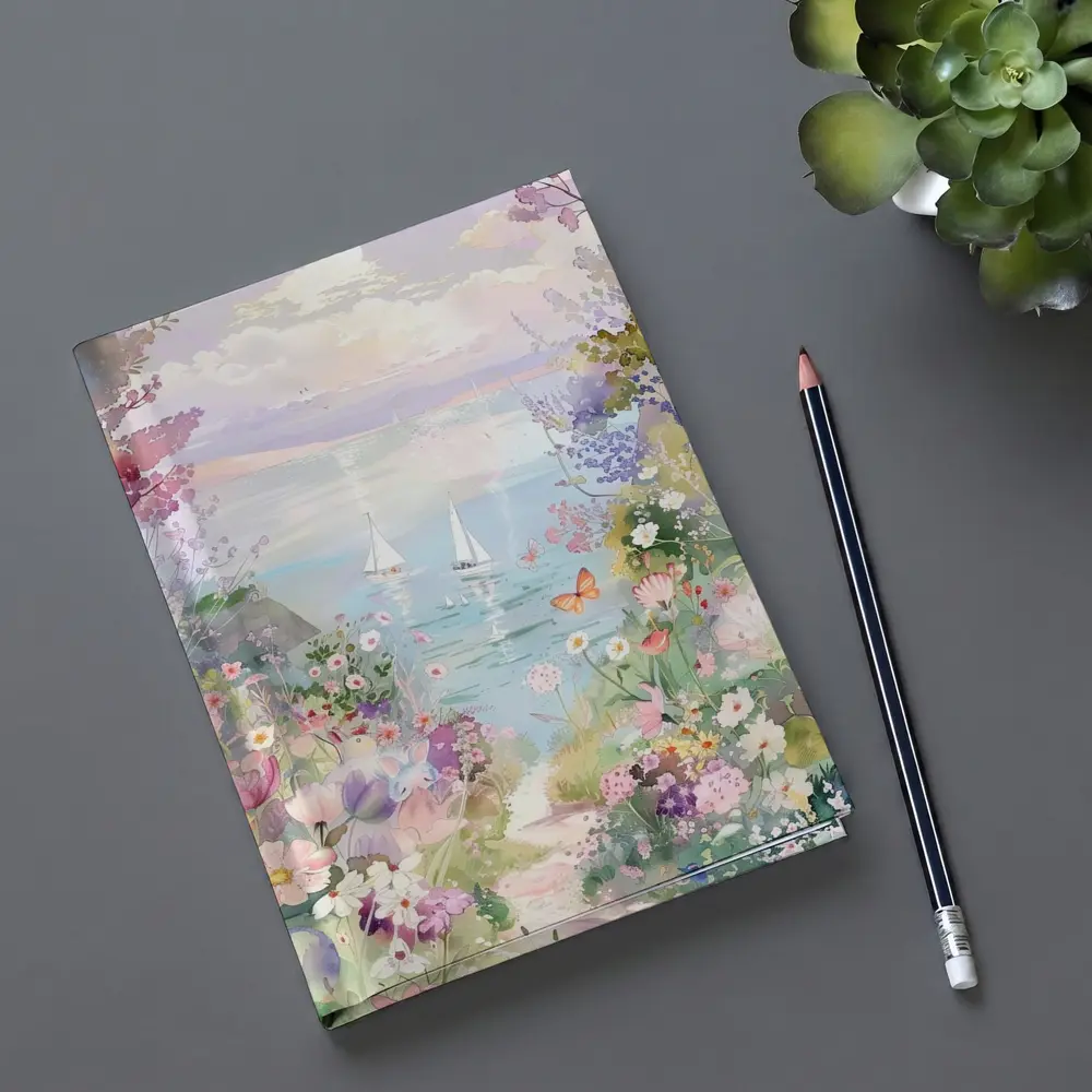 Watercolor Coastal Garden Sailboats Floral Scene – Notebooks