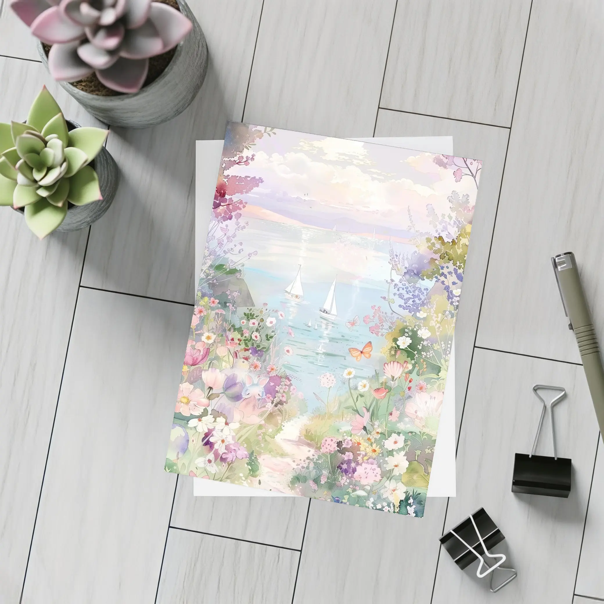 Watercolor Coastal Garden Sailboats Floral Scene – Postcards
