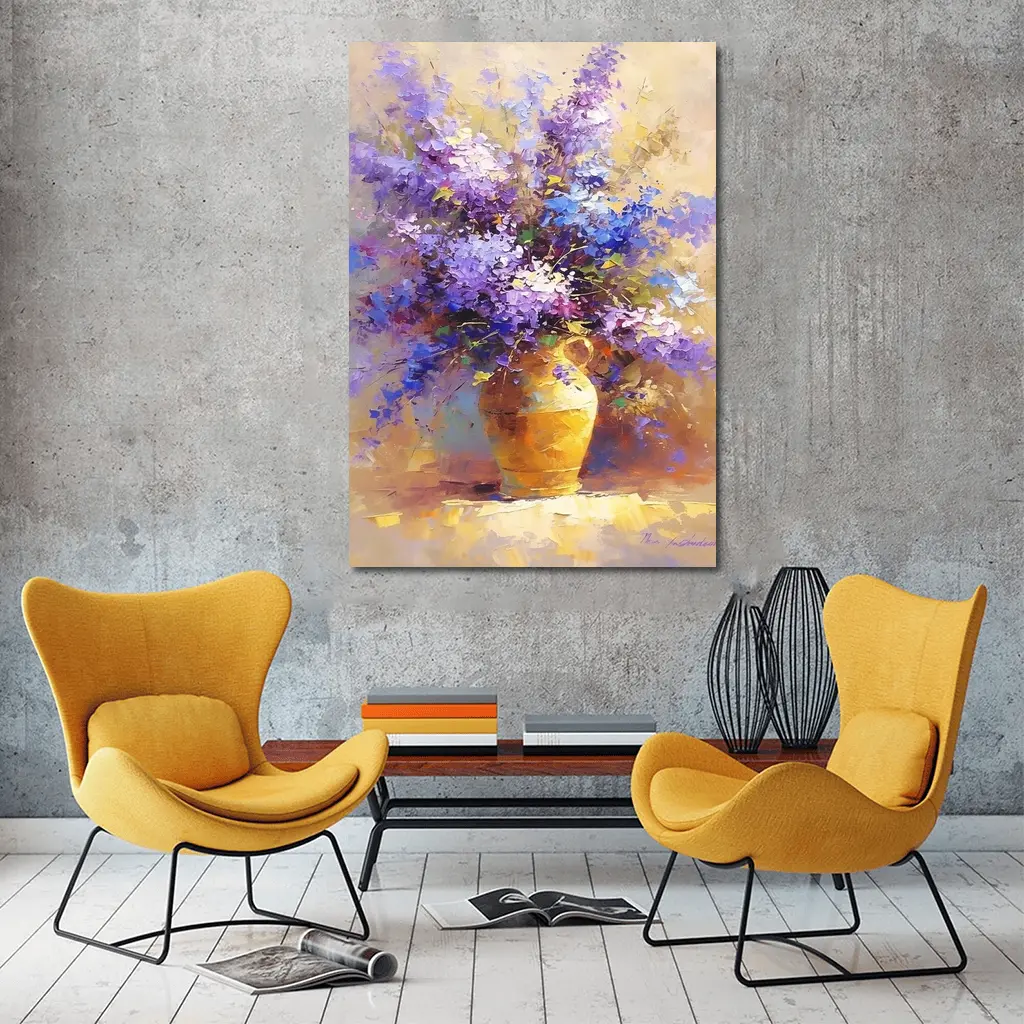 Lilac Flowers In Golden Vase Oil Painting – Wall Art