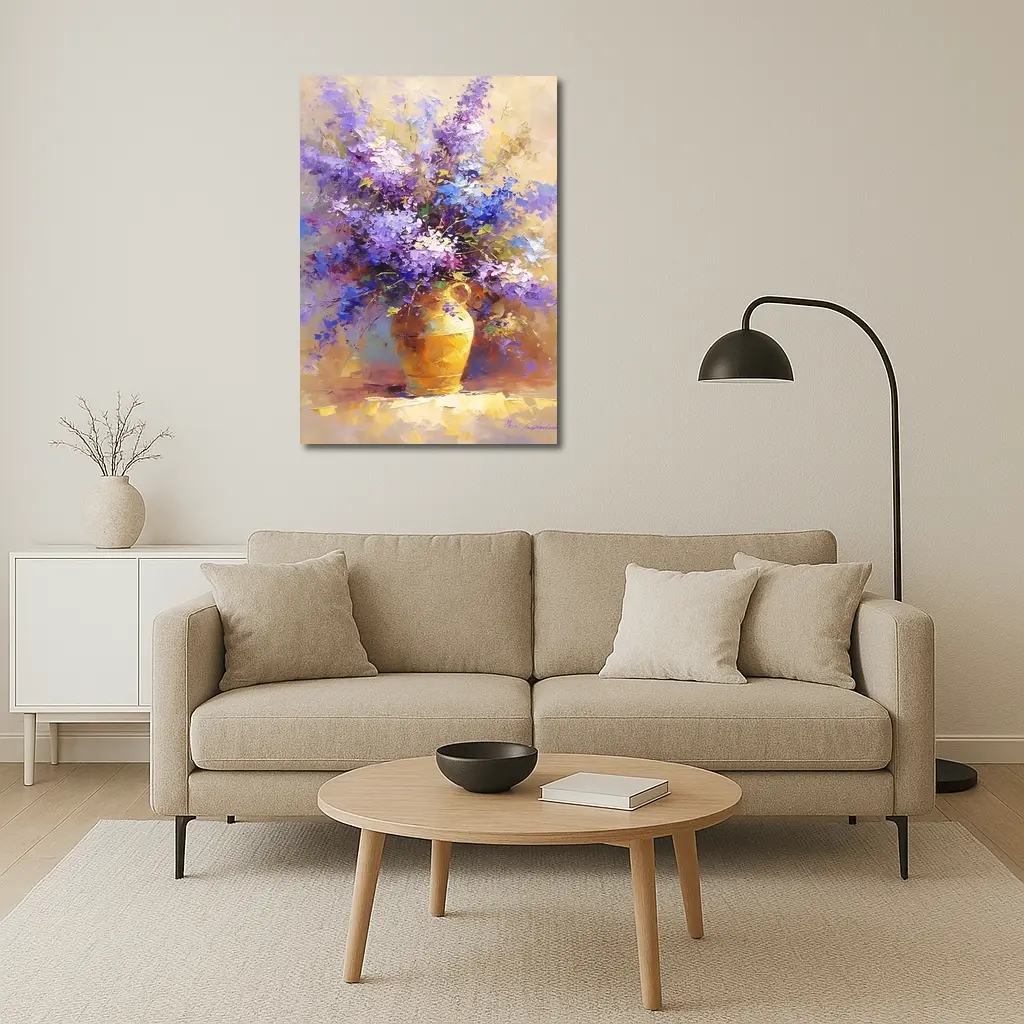 Lilac Flowers In Golden Vase Oil Painting – Wall Art
