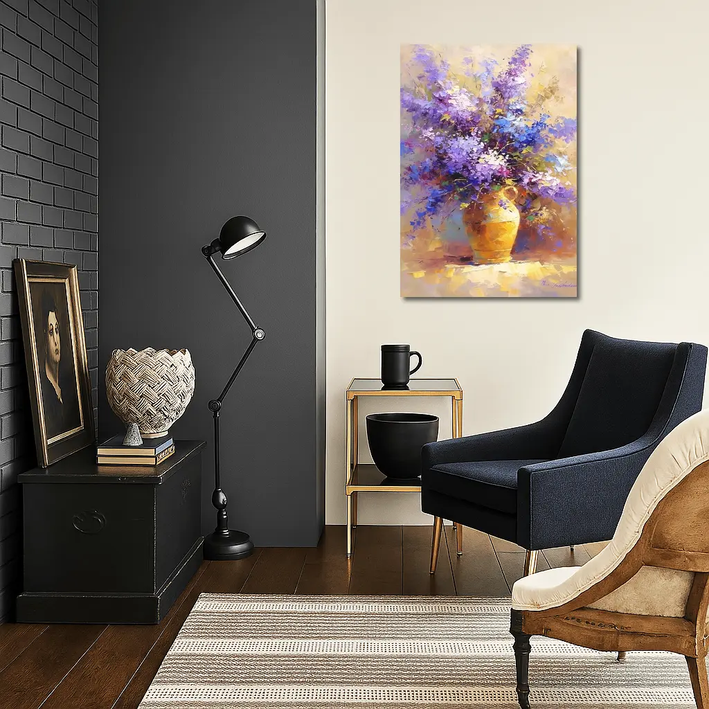 Lilac Flowers In Golden Vase Oil Painting – Wall Art