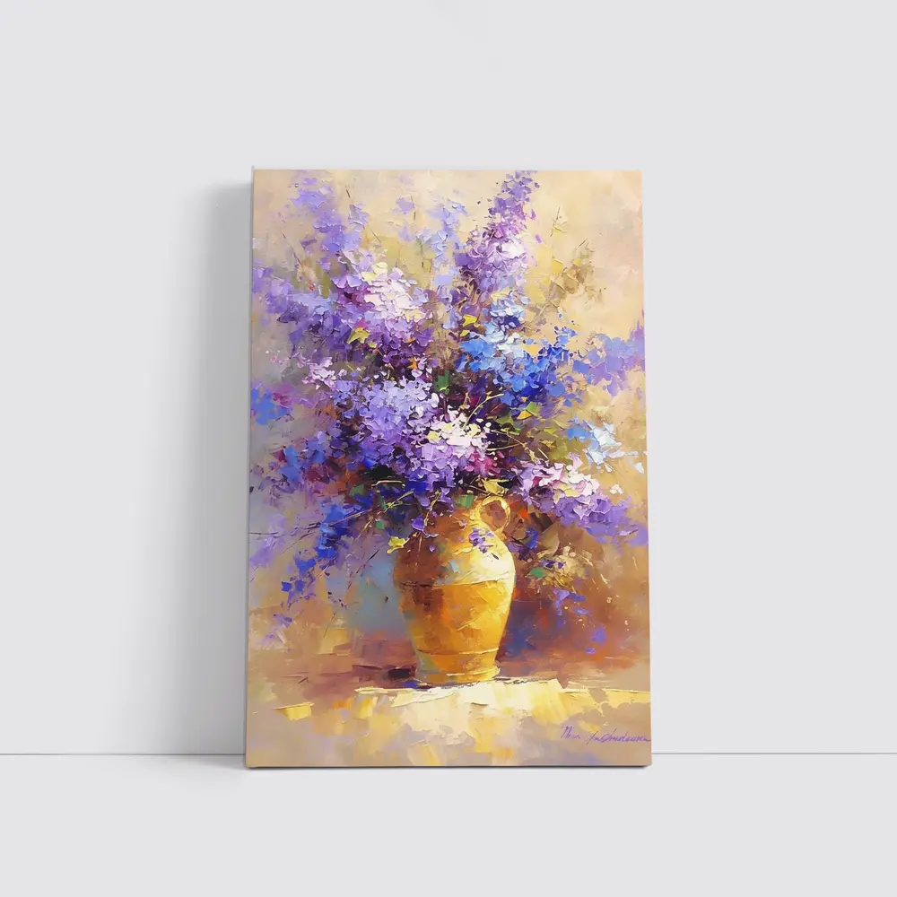 Lilac Flowers In Golden Vase Oil Painting – Wall Art
