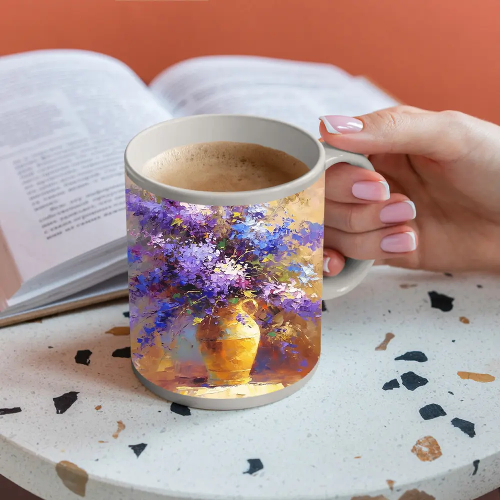 Lilac Flowers In Golden Vase Oil Painting – Mugs