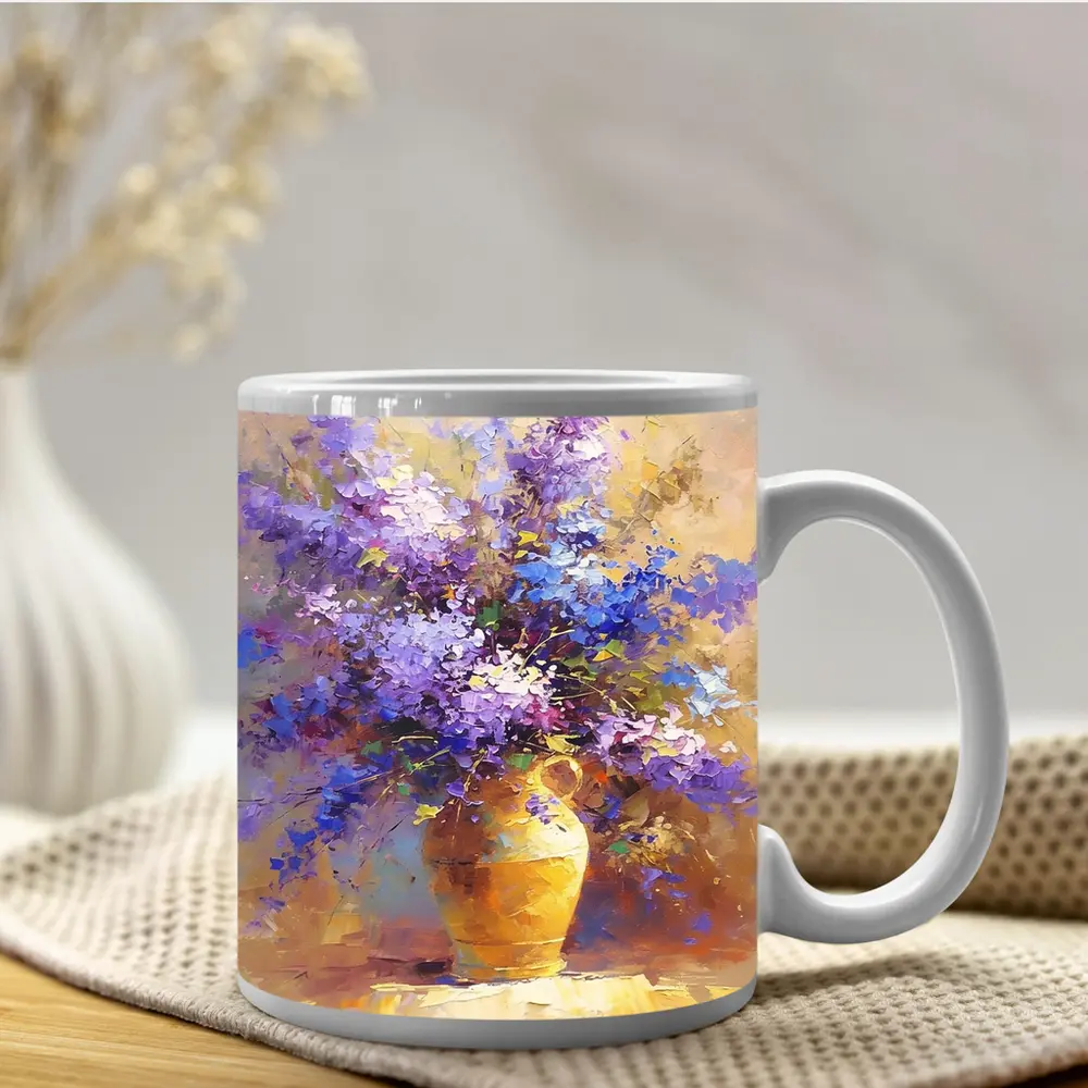 Lilac Flowers In Golden Vase Oil Painting – Mugs