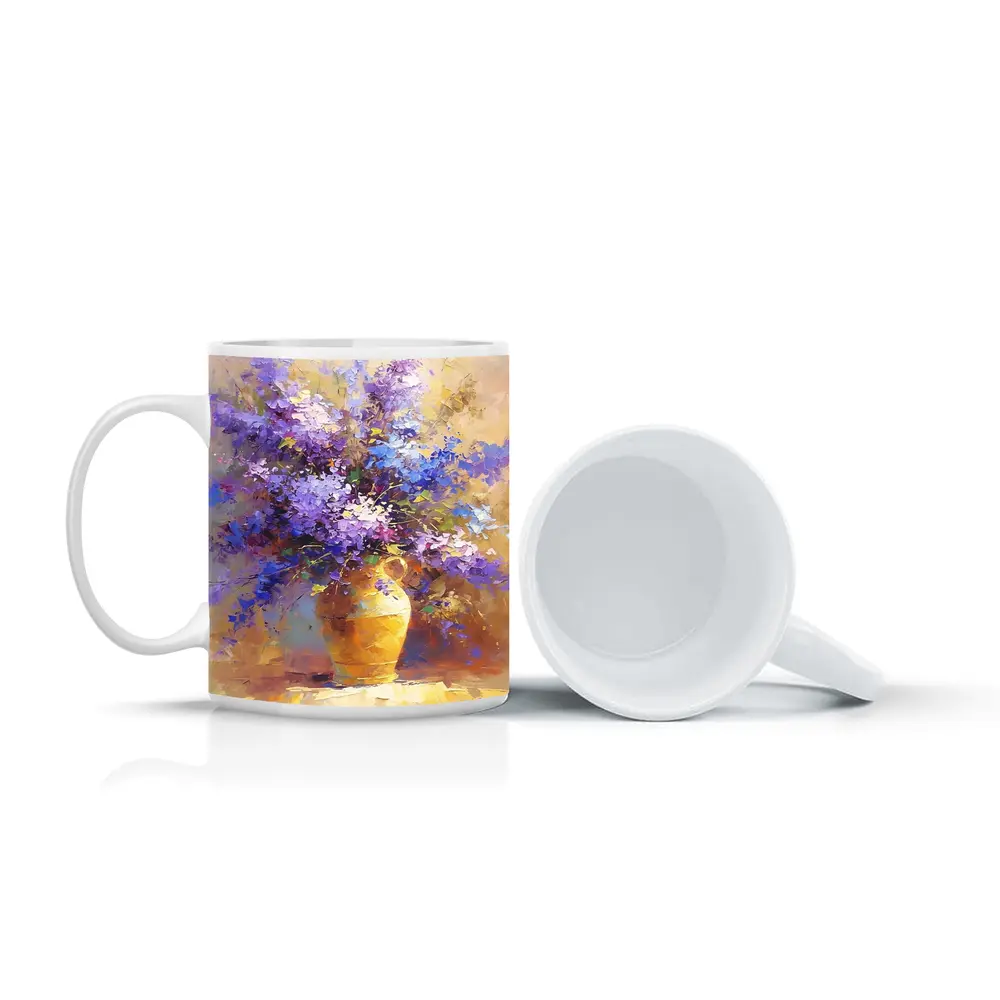 Lilac Flowers In Golden Vase Oil Painting – Mugs