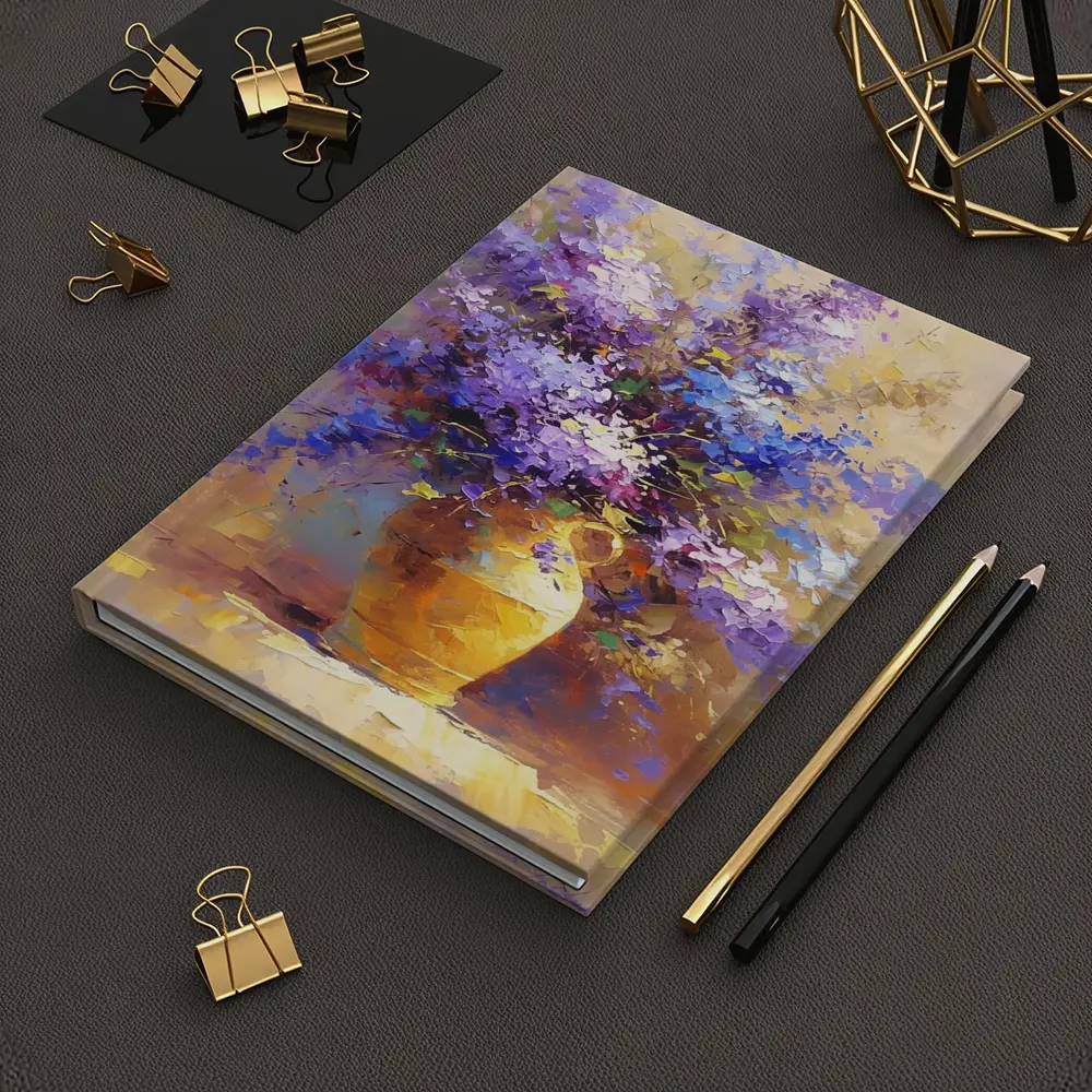 Lilac Flowers In Golden Vase Oil Painting – Notebooks