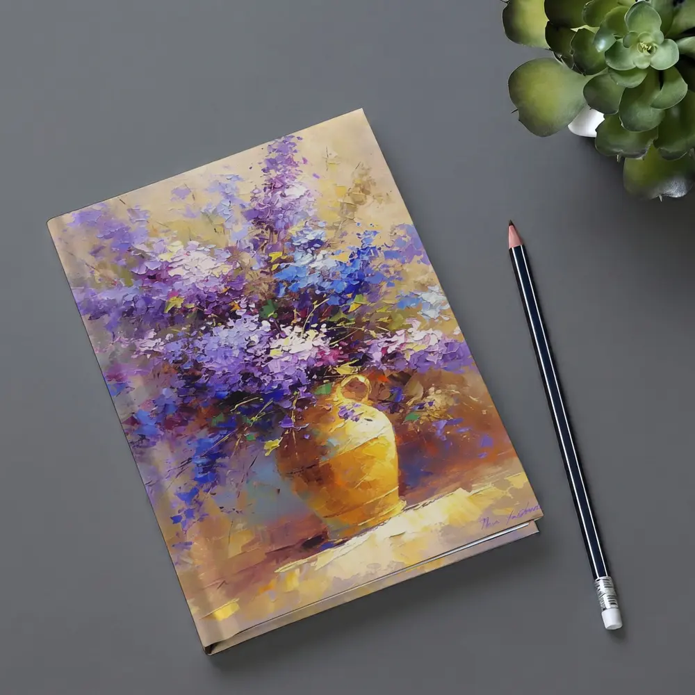 Lilac Flowers In Golden Vase Oil Painting – Notebooks