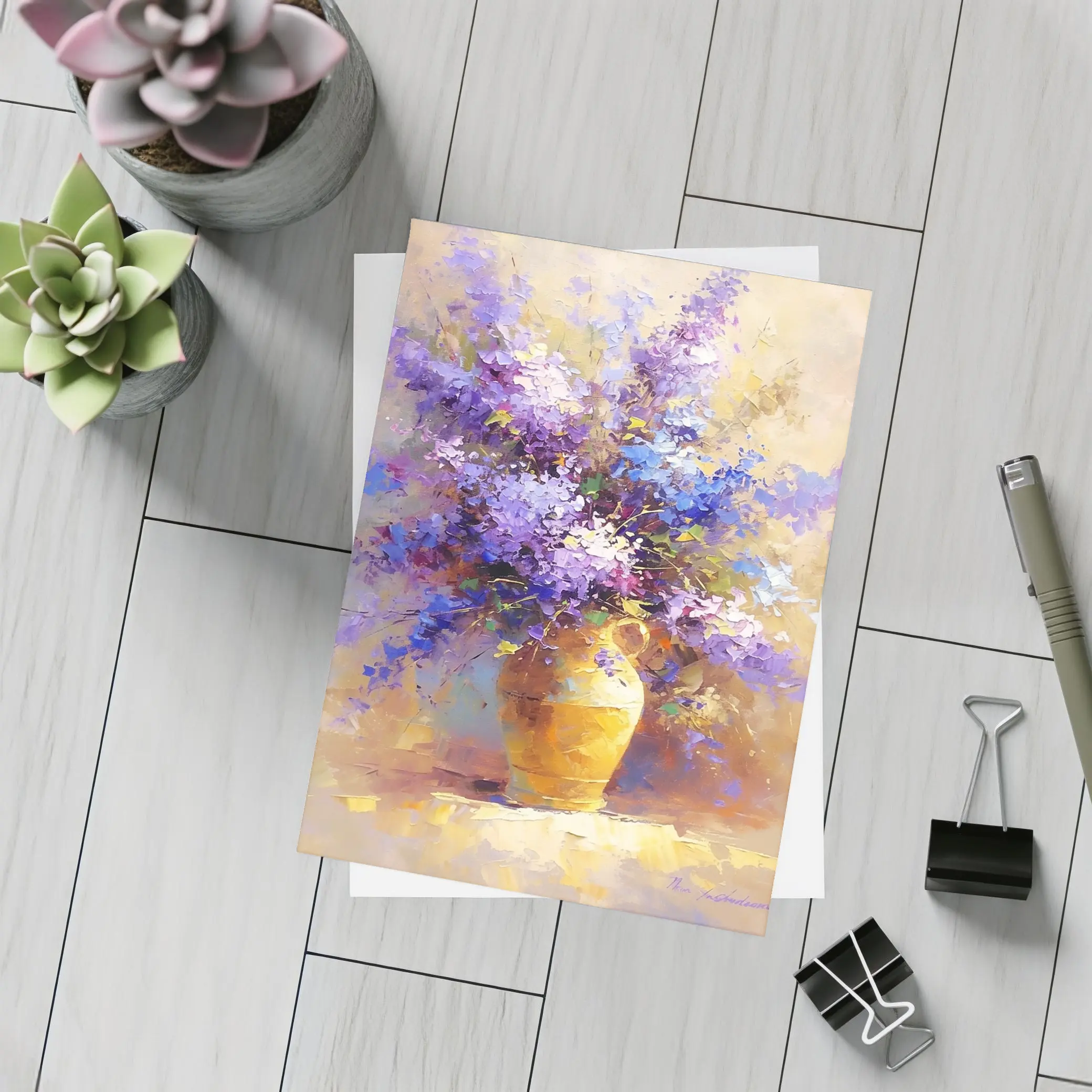 Lilac Flowers In Golden Vase Oil Painting – Postcards