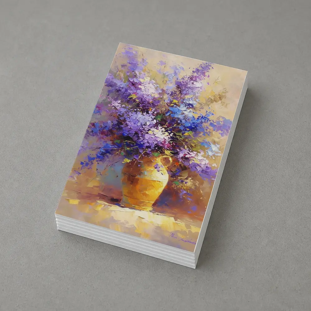 Lilac Flowers In Golden Vase Oil Painting – Postcards