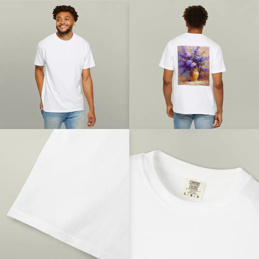 Lilac Flowers In Golden Vase Oil Painting – T-Shirts