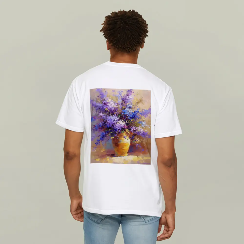 Lilac Flowers In Golden Vase Oil Painting – T-Shirts