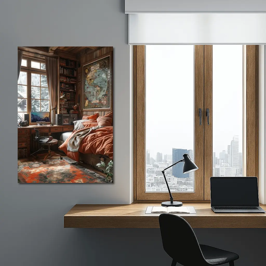Cozy Wooden Cabin Bedroom With World Map – Wall Art