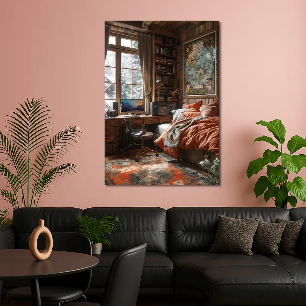 Cozy Wooden Cabin Bedroom With World Map – Wall Art