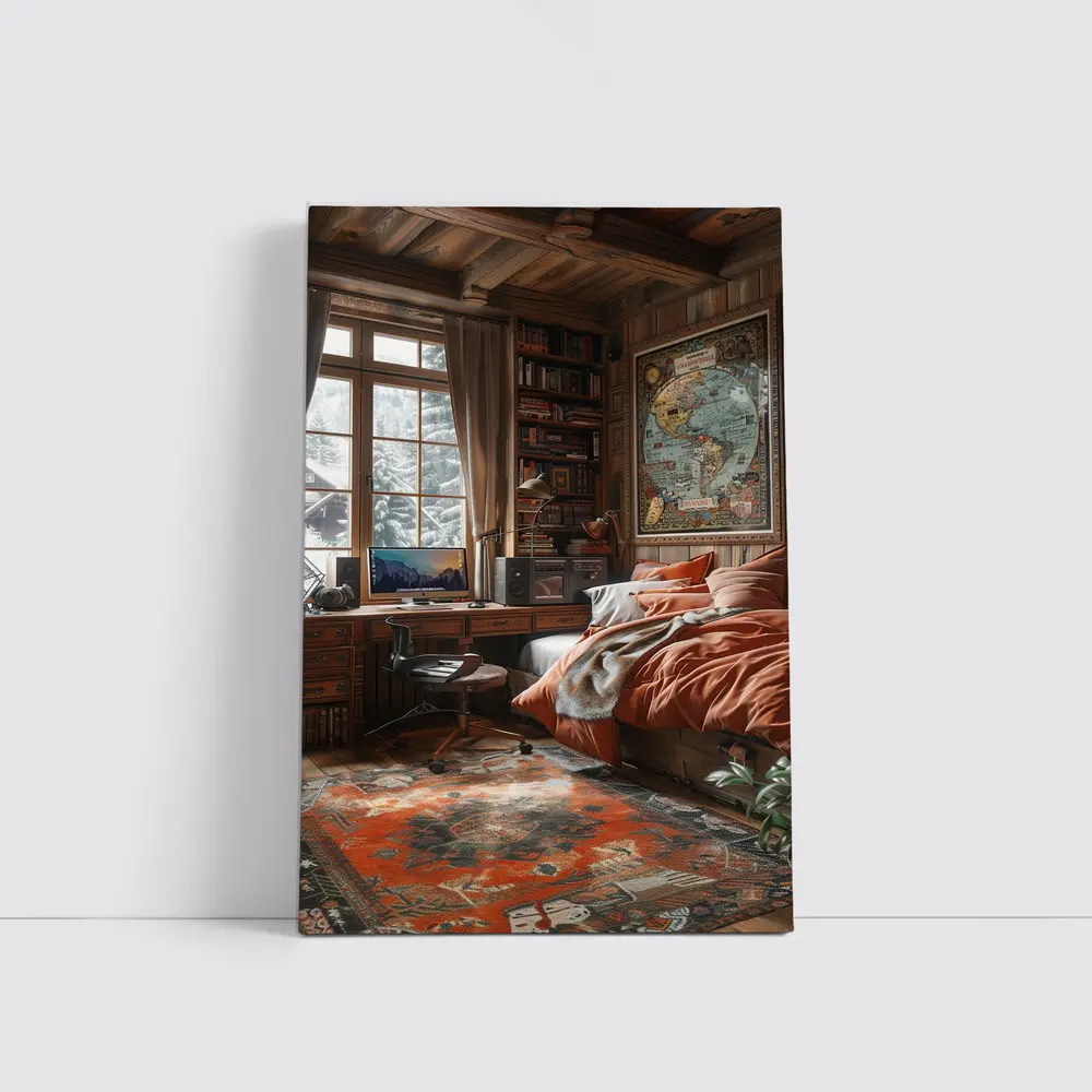 Cozy Wooden Cabin Bedroom With World Map – Wall Art