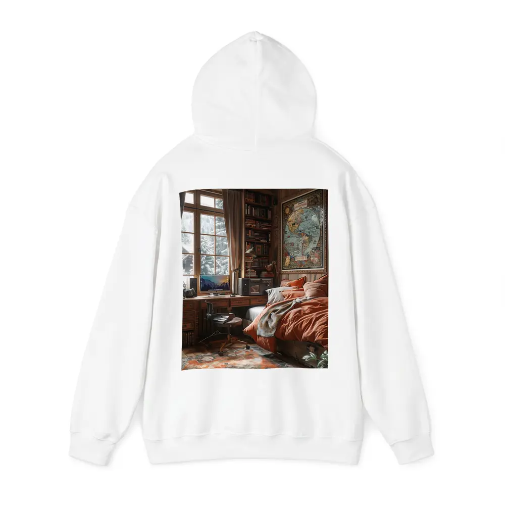 Cozy Wooden Cabin Bedroom With World Map – Hoodies